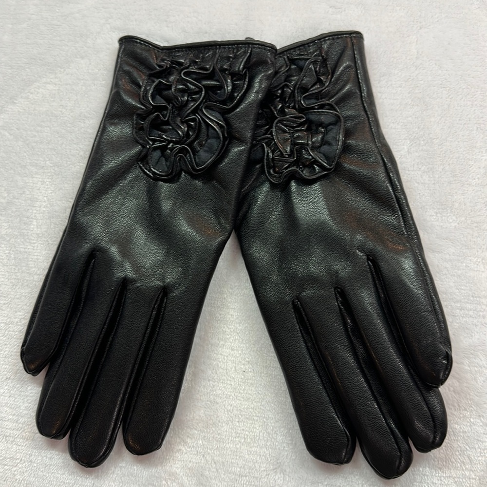 PU Black Ruffled Detail Softly Lined Driving Winter Gloves L New